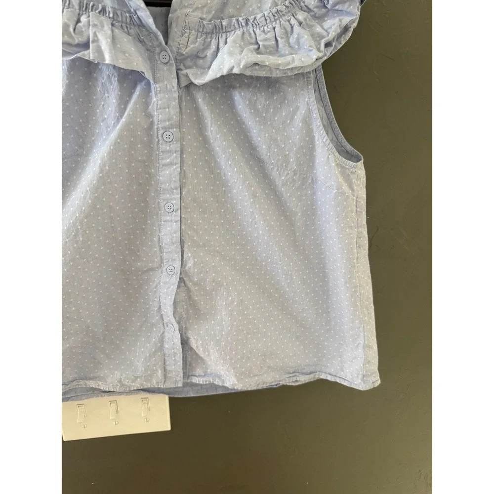 HM Womens‎ Blue Pinstripe Polka Dot Ruffle Sleeveless Blouse Top 10 Coquette